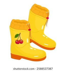 Yellow rubber boots with cherry pattern. Safety footwear for gardening and rainy weather. Funny farmer accessories. Vector illustration isolated on transparent background.