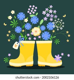 yellow rubber boots filled with blossoming flowers.  vector illustration.