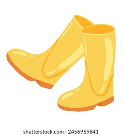 Yellow rubber boots in flat design. Seasonal waterproof footwear. Vector illustration isolated.