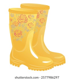 Yellow rubber boots with floral pattern. Seasonal waterproof footwear. Vector illustration on white background.