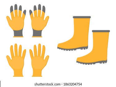 Yellow rubber boots and gloves isolated on white background. Gardening tools. Vector illustration in cartoon style for your design.