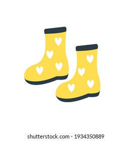 Yellow rubber boots with hearts. Vector illustration on an isolated white background.