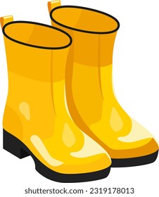 yellow rubber boots long, high, yellow color, flat style, front view, vector illustration