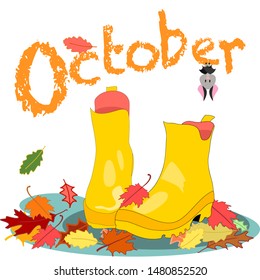 Yellow rubber boots, October text, bat, autumn leaves and puddle of water rainy weather vector illustration