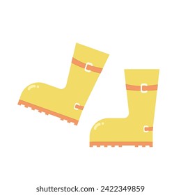 Yellow rubber boots. Pair of waterproof shoes for rainy weather. Spring elements set isolated on white background. Vector flat illustration.