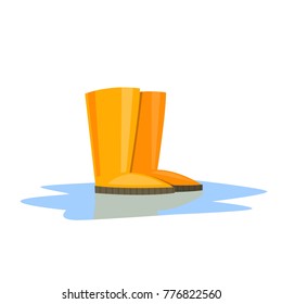 Yellow Rubber Boots. Protection shoes. Working uniform. Waterproof footwear. Isolated white background. Vector illustration