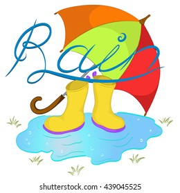 yellow rubber boots in a puddle, color umbrella, rain inscription