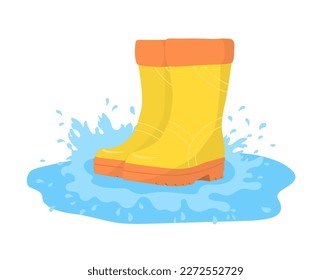 Yellow rubber boots in a puddle make a splash of water. Vector illustration.