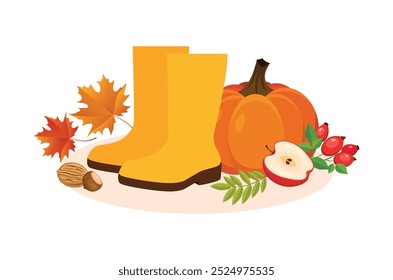 Gelbe Gummistiefel, Kürbis und Herbstblätter, Vektorgrafik. Herbstdekoration mit weitläufigen Gummistiefeln und Herbstpflanzen-Symbol einzeln auf weißem Hintergrund. Stillstandsvektor