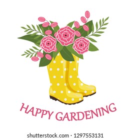 Yellow rubber boots with spring bouquet and text "happy gardening". Floral greeting card.