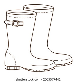 Yellow rubber boots with a strap. Footwear.. Design element with outline. The theme of winter, autumn. Doodle, hand-drawn. Black white vector illustration. Isolated on a white background