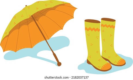 Yellow rubber boots and umbrella. Autumn attributes. Template banner of rainy weather and autumn mood. Vector illustration isolated on white background