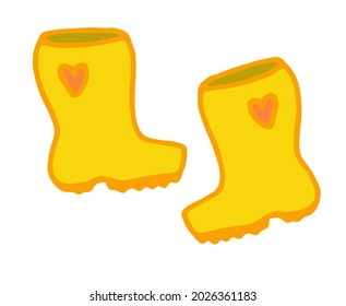Yellow rubber boots. vector pair of hand-drawn boots in doodle style, side view with a heart, orange outline on a white background for a shoe design template. Doodle boots are yellow in flat style