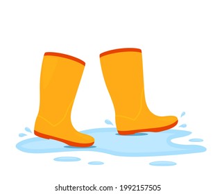 yellow rubber boots are walking in a puddle with splashing water. vector illustration isolated on white background