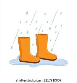 yellow rubber boots are walking in a puddle in the rain. autumn weather concept. vector illustration isolated on white background