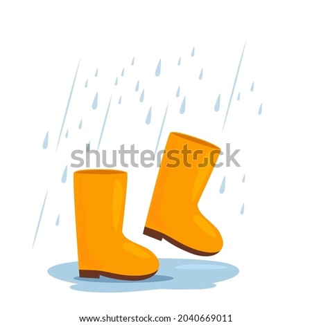 yellow rubber boots are walking in a puddle in the rain. autumn weather concept. vector illustration isolated on white background
