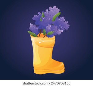 Bota infantil de goma amarilla con un ramo de flores lilas. Arreglo floral de otoño o primavera. Vector aislado ilustración de dibujos animados.