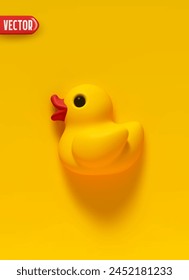 Pato de goma amarillo 3d estilo de dibujos animados sobre un fondo amarillo aislado. Ilustración vectorial