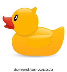 Yellow rubber duck for bath. Baby bathing toy. Vector cartoon illustration on a blue background.