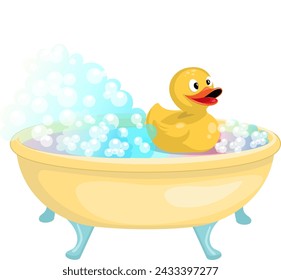 Yellow rubber duck bath full of foam with bubbles isolated on background. Bathroom interior.Turquoise and rainbow gradient.  Comfortable equipment for bathing and relaxing. Vector flat design