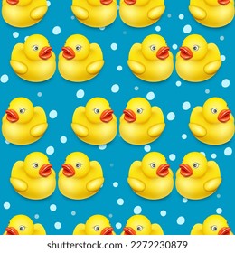 Yellow rubber duck for bathing children. Seamless pattern for children's design blue with bubbles vector background.