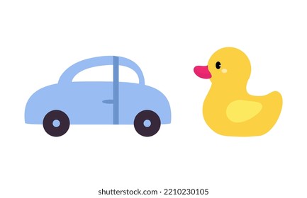 Yellow Rubber Duck and Blue Car as Colorful Kids Toy Vector Set