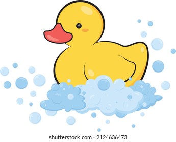 Yellow Rubber Duck In Bubbles. Simple Illustration, No Background