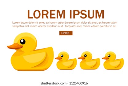 Yellow rubber duck. Cartoon cute ducky for bath. Flat vector illustration on white background. Concept design for website or advertising.