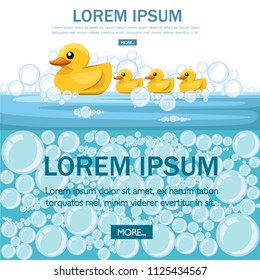 Yellow rubber duck. Cartoon cute ducky for bath. Flat vector illustration on white and bubbles texture background. Concept design for website or advertising.