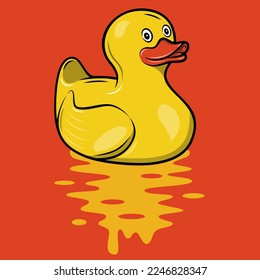 Yellow rubber duck. Cartoon cute ducky for bath. Flat vector illustration isolated on red background.