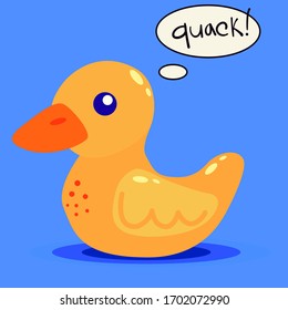 Yellow rubber duck in flat style on a blue background. Toy vector bird with a speaking bubble. Stock illustration with a quacking duck.