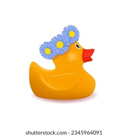Yellow rubber duck in a flower wreath. 3D realistic vector object