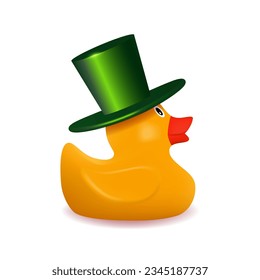 Yellow rubber duck in green top hat. 3D realistic vector object