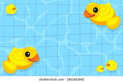 Familia inflable del pato de caucho amarillo en el fondo de la piscina con ilustración del vector del espacio de copia. Fiesta de piscina de verano