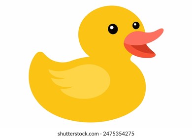 Yellow rubber duck isolated on a white background. Bath toy duck. Concept of childhood, bath time, playful design. Print, icon, design element. Graphic art