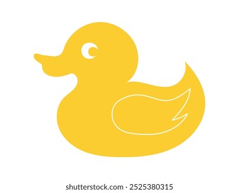 Pato de goma amarillo aislado sobre fondo blanco. Ilustración plana de dibujos animados. Concepto de juguetes de baño de los niños, pájaro lindo, arte brillante, patito. Icono, elemento de diseño, juguete juguetón para niños