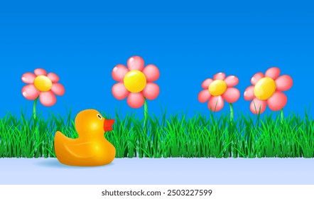 Yellow rubber duck on the lawn. Summer landscape with duck among flowers and grass. Vector background