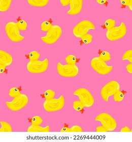 Yellow rubber duck on pink background.  Seamless pattern. Texture for fabric, wrapping, wallpaper. Decorative print.Vector illustration