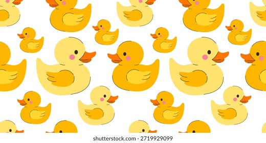 Patrón de pato de goma amarillo para la hora del baño del bebé. СJuguetes de agua y mejillas rosadas. Impresión minimalista de la guardería para la tela de los niños, Fondo de pantalla de baño y embalaje de higiene infantil, Fondos de pantalla de la guardería.
