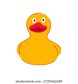 Pato de borracha amarelo com um bico vermelho e olhos pretos apresentando uma expressão feliz, adequado para conceitos de infância, brincadeira, banho, diversão e higiene