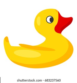 Yellow rubber duck with red beak for children to take bath and have fun isolated vector illustration on white background.