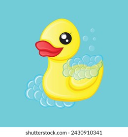 yellow rubber duck with red lips and soap bubbles
