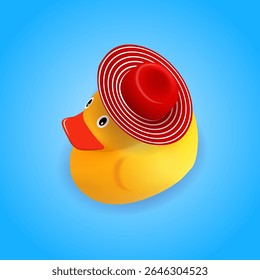 Pato de borracha amarelo com chapéu listrado. Objeto de vetor isolado 3D