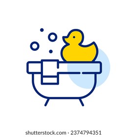 Yellow rubber duck, towel and soap bubbles in a bath. Relaxing time. Pixel perfect, editable stroke