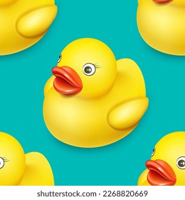 Yellow rubber duck toy for bathing children. Seamless pattern for children's design green vector background.