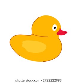 Brinquedo de pato de borracha amarelo apresentado como uma ilustração de desenho animado simples sobre um fundo branco, representando a infância, higiene e diversão lúdica no tempo de banho para crianças