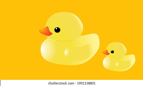 Yellow rubber duck toys. Bath toy. Cute ducks cartoon. Mommy duck and duckling.