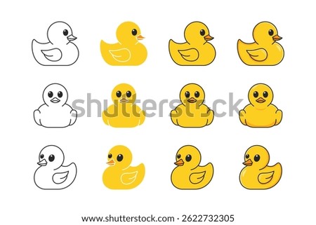 yellow Rubber Duck Vector Icons Collection with various poses and styles.duck outline, flat, cartoon
