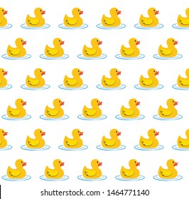 Yellow rubber duck in water seamless vector print. Scalable design. Side view, brick by row pattern. Eps 10