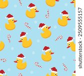 Yellow rubber ducklings in red Christmas Santa hats , Snowflakes and candy canes on a bright blue background. Vector seamless repeat pattern.